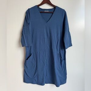 Eileen Fisher V-neck shift dress 3/4-length sleeves side pockets Blue Small Midi